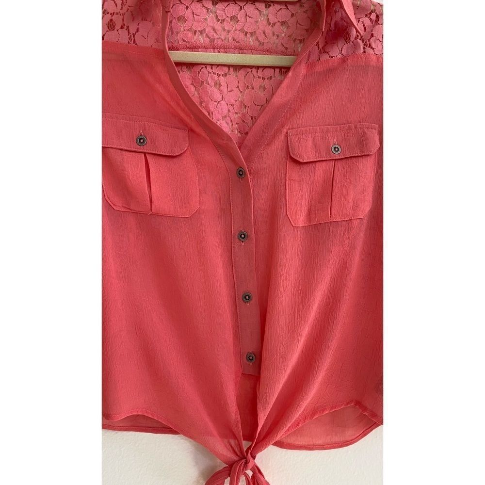 Womens Orange Sheer Tie Front Button Up Lace Back in size Medium - Picture 3 of 7